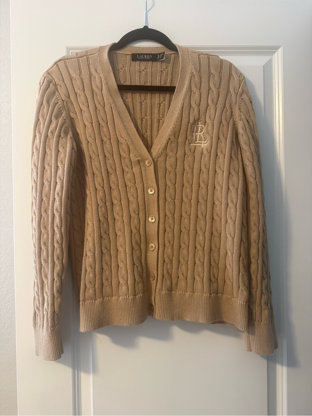 Lauren Ralph Lauren Tan Cable-Knit V-Neck Cardigan